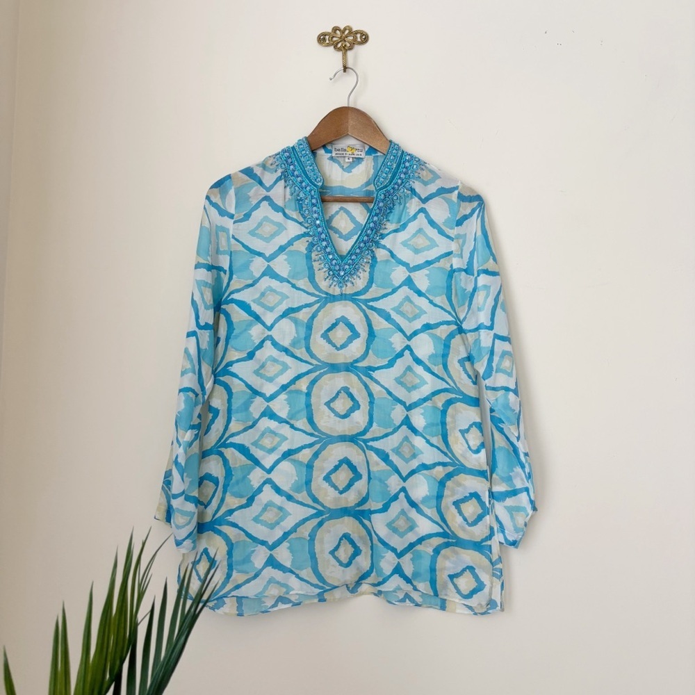 Bella Tu Beaded Blue Ikat Print Tunic Cover Up Top Small Coastal Resortwear